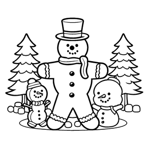Lustiger Lebkuchenmann mit kleinen Schneemännern Ausmalmotiv für fantasievolle Winterfreunde