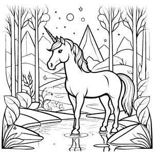 Faszinierendes Einhorn am glitzenden Wasserfall Ausmalmotiv für magische Entdeckerprites