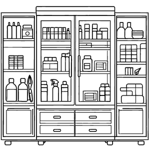 Heilungsschränke mit bunten Fläschchen Ausmalbild für kleine Gesundheitsabenteurer