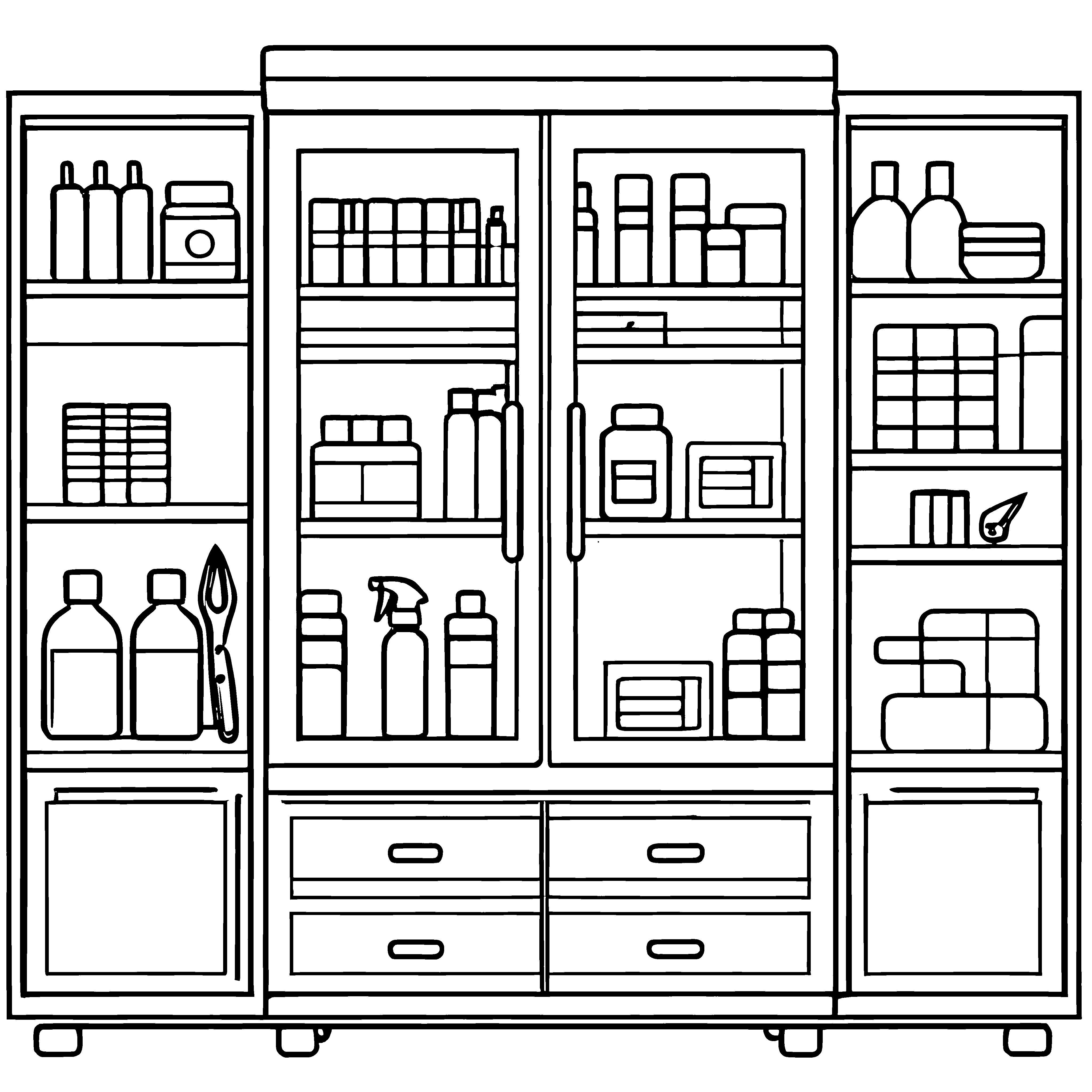 Heilungsschränke mit bunten Fläschchen Ausmalbild für kleine Gesundheitsabenteurer