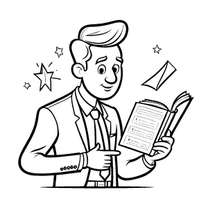 Humorvolle Politikerkarikatur mit Buch und Sternen Ausmalbild für neugierige Denker