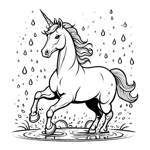 Schnelles Einhorn im regenbogenhaften Regenlauf Ausmalbild für abenteuerliche Regenzauberer
