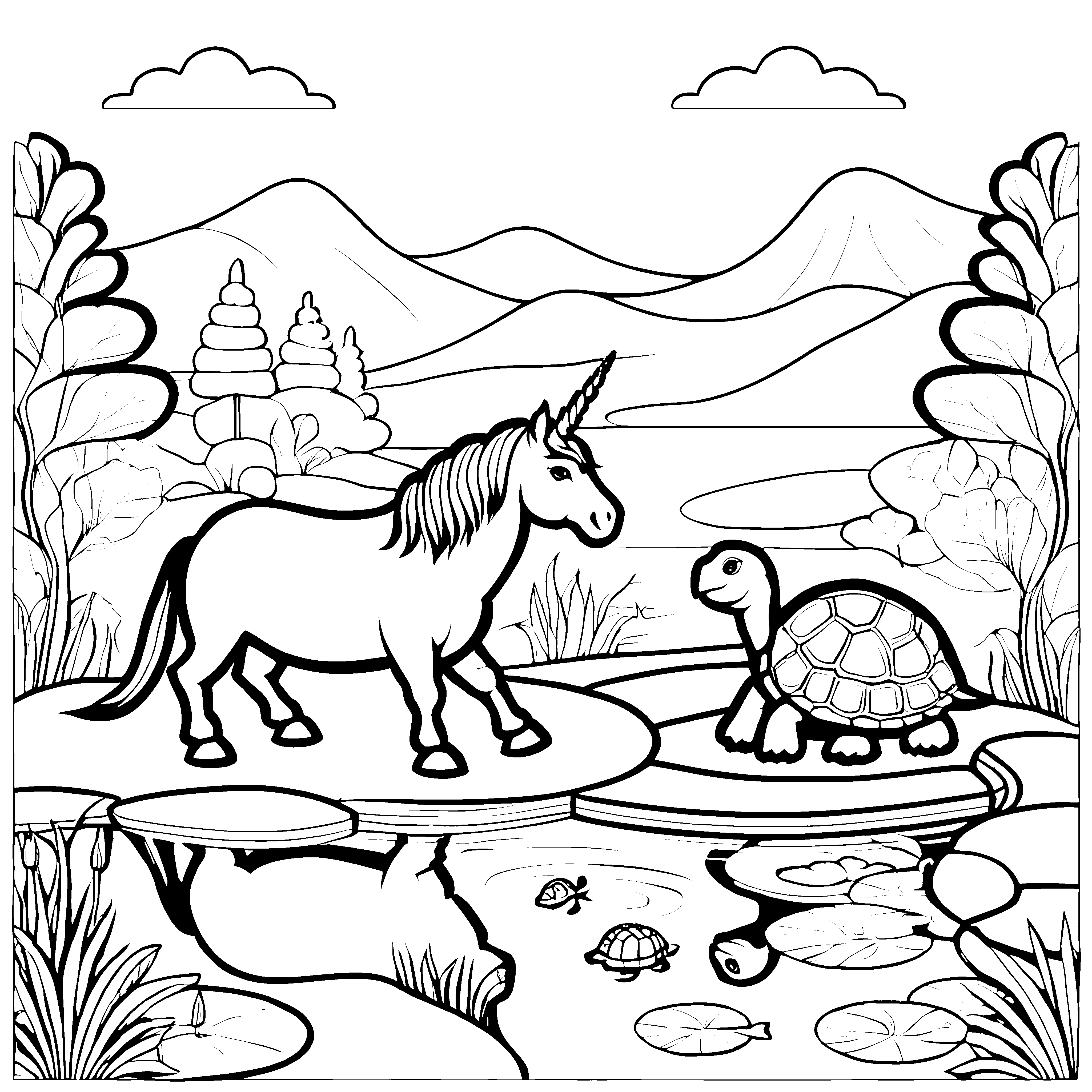Wunderschönes Einhorn in harmonischer Seenlandschaft Ausmalbild für neugierige Farbträumer und kleine Märchenliebhaber