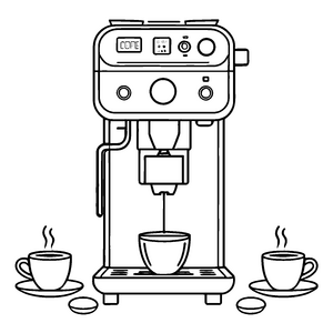Futuristische Kaffeemaschine mit spritzigen Kaffeetassen Ausmalmotiv für kleine Bastelmeister