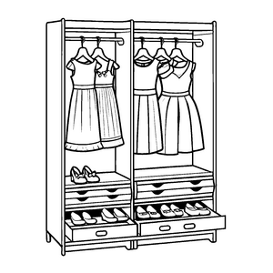 Schicker Kleiderschrank mit zwei eleganten Kleidern und Schuhen Ausmalbild für stilvolle kleine Modezauberer