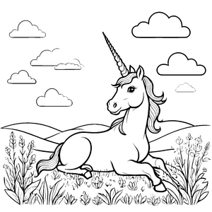 Traumhaftes Einhorn auf blühender Wiese Malvorlage für kleine Naturforscher und farbenfrohe Fantasten