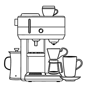 Kreative Kaffeemaschine mit frischen Bohnen und Tassen Ausmalbild für kleine Geschmacksentdecker