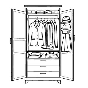 Verschiedene Hüte und Mäntel im offenen Schrank Ausmalmotiv für kleine Stil-Entdecker