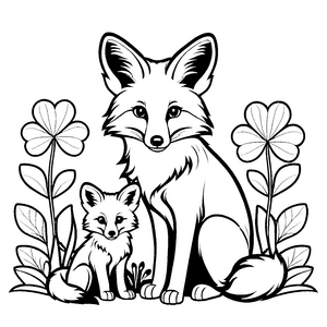 Harmonische Fuchs-Mama mit süßem Welpen zwischen Blumen Ausmalbild für kleine Naturentdecker