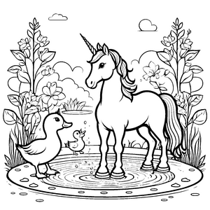 Magisches Einhorn neben fröhlicher Quietscheente Malvorlage für kleine Traumbuddler