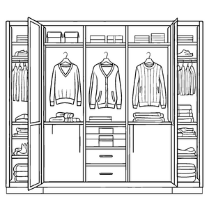 Bezaubernder Kleiderschrank mit drei Hemden und zwei Hosen Ausmalvorlage für kleine Modeentdecker