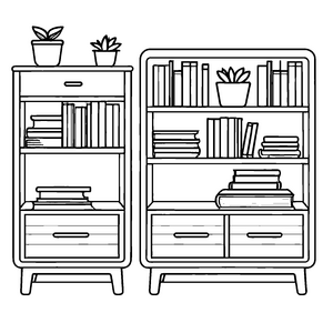Wunderschöner Nachtschrank mit Pflanzen und Büchern Malvorlage für kleine Traumforscher