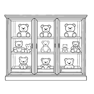 Fantasievolle Vitrine mit freundlichen Teddybären Ausmalbild für kleine Kuschelfreunde