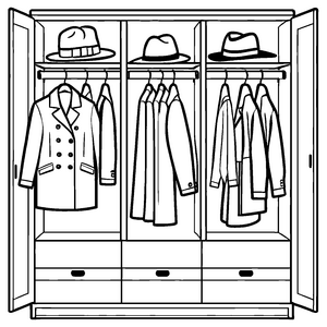 Stilvoller Garderobenschrank mit charmanten Wintermänteln Ausmalmotiv für neugierige Fashion-Liebhaber