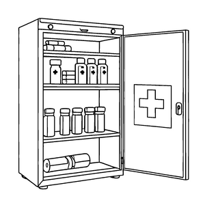 Faszinierender Medizinschrank mit bunten Fläschchen Ausmalvorlage für kleine Entdecker der Gesundheit