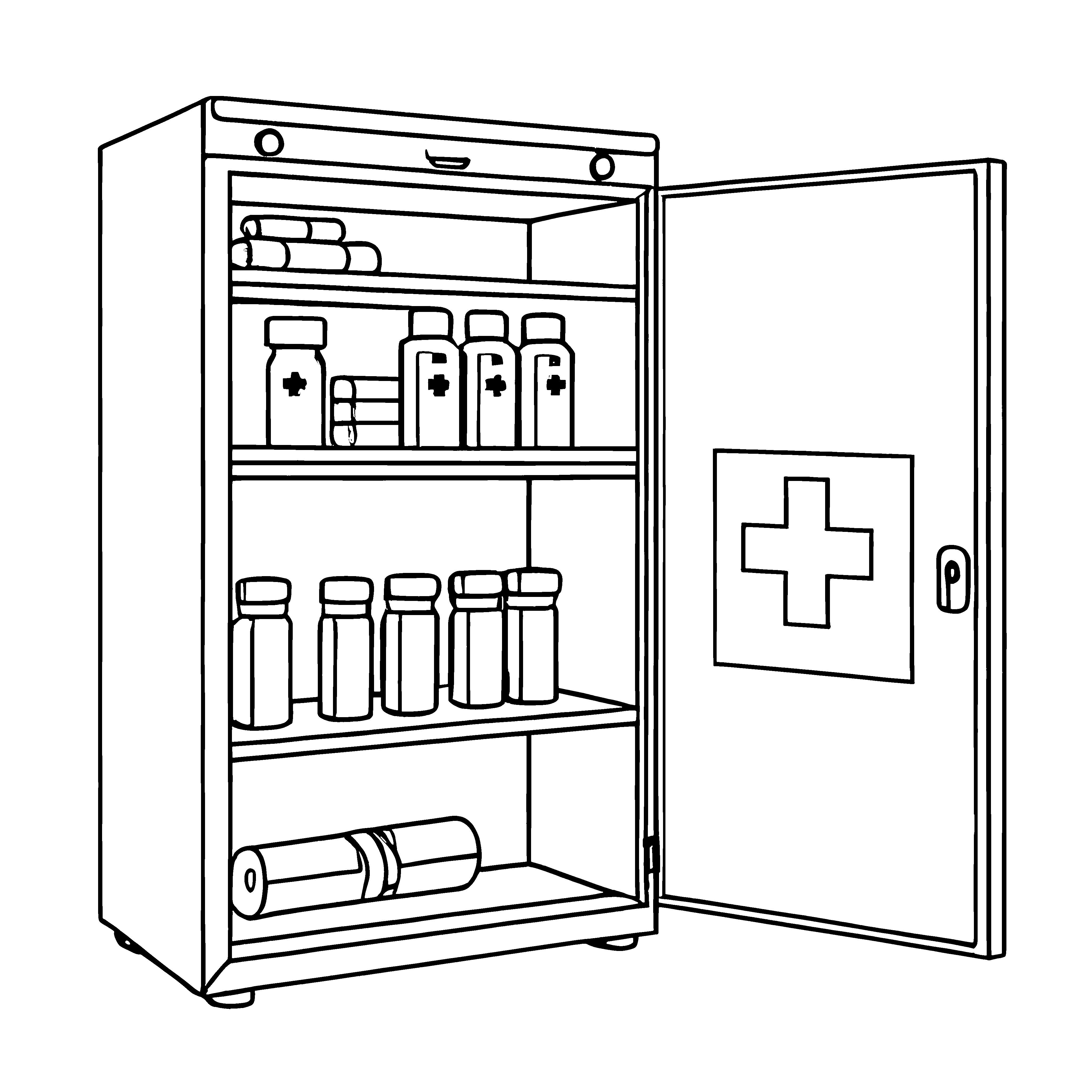 Faszinierender Medizinschrank mit bunten Fläschchen Ausmalvorlage für kleine Entdecker der Gesundheit