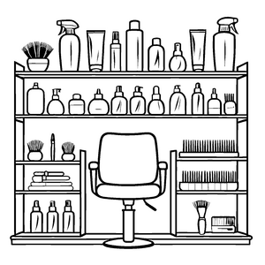 Helles Friseurstuhl-Motiv mit bunten Flaschen Ausmalvorlage für kreative Haarkünstler