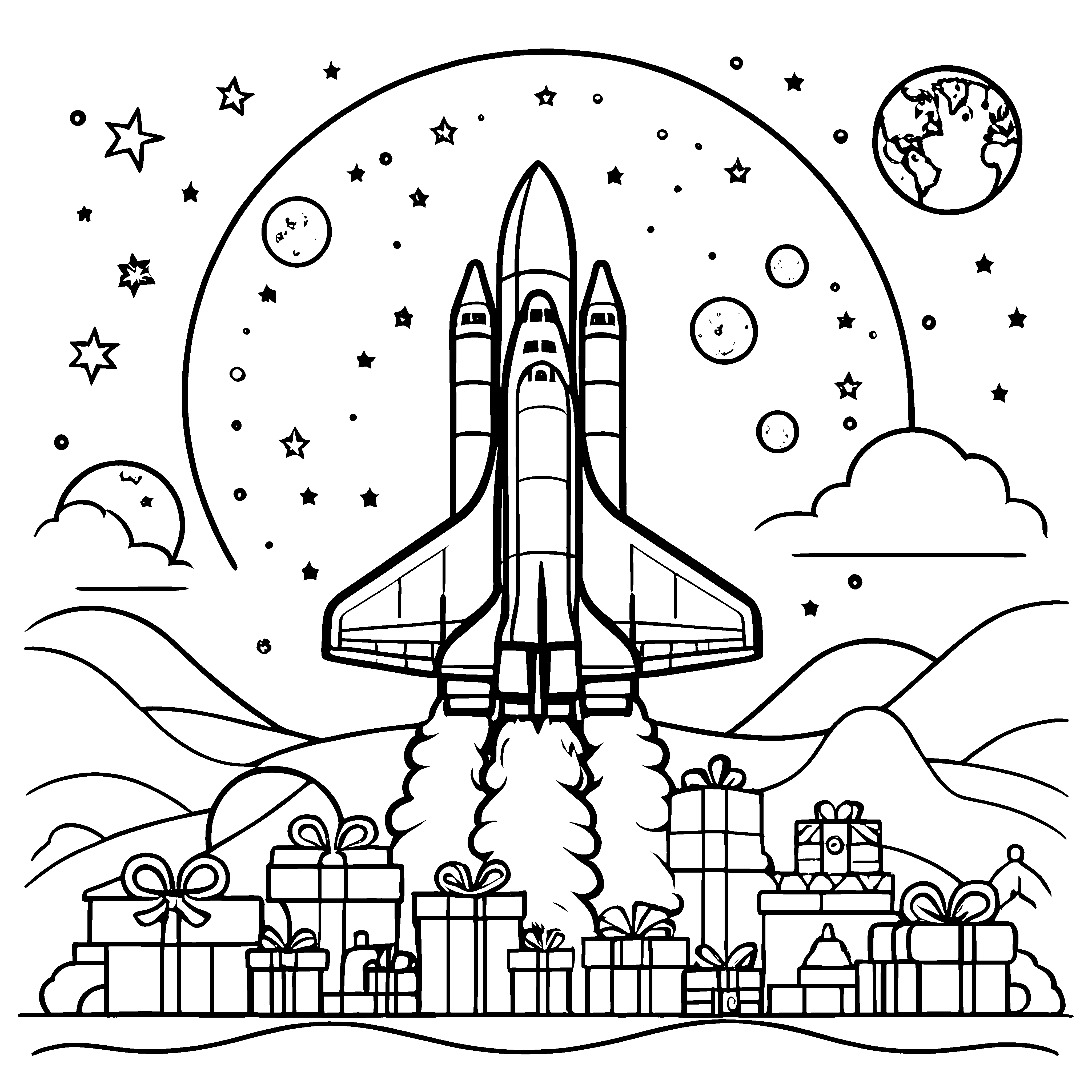 Rakete mit Geschenken und Weltraumshuttle Ausmalbild für neugierige Kinder