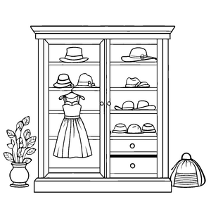Eleganter Kleiderschrank mit traumhaftem weißen Kleid und Hüten Malvorlage für stilbewusste Entdecker