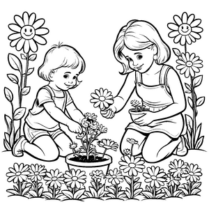 Zwei fröhliche Mädchen beim Pflanzen bunter Blumen Malvorlage für neugierige Naturentdecker