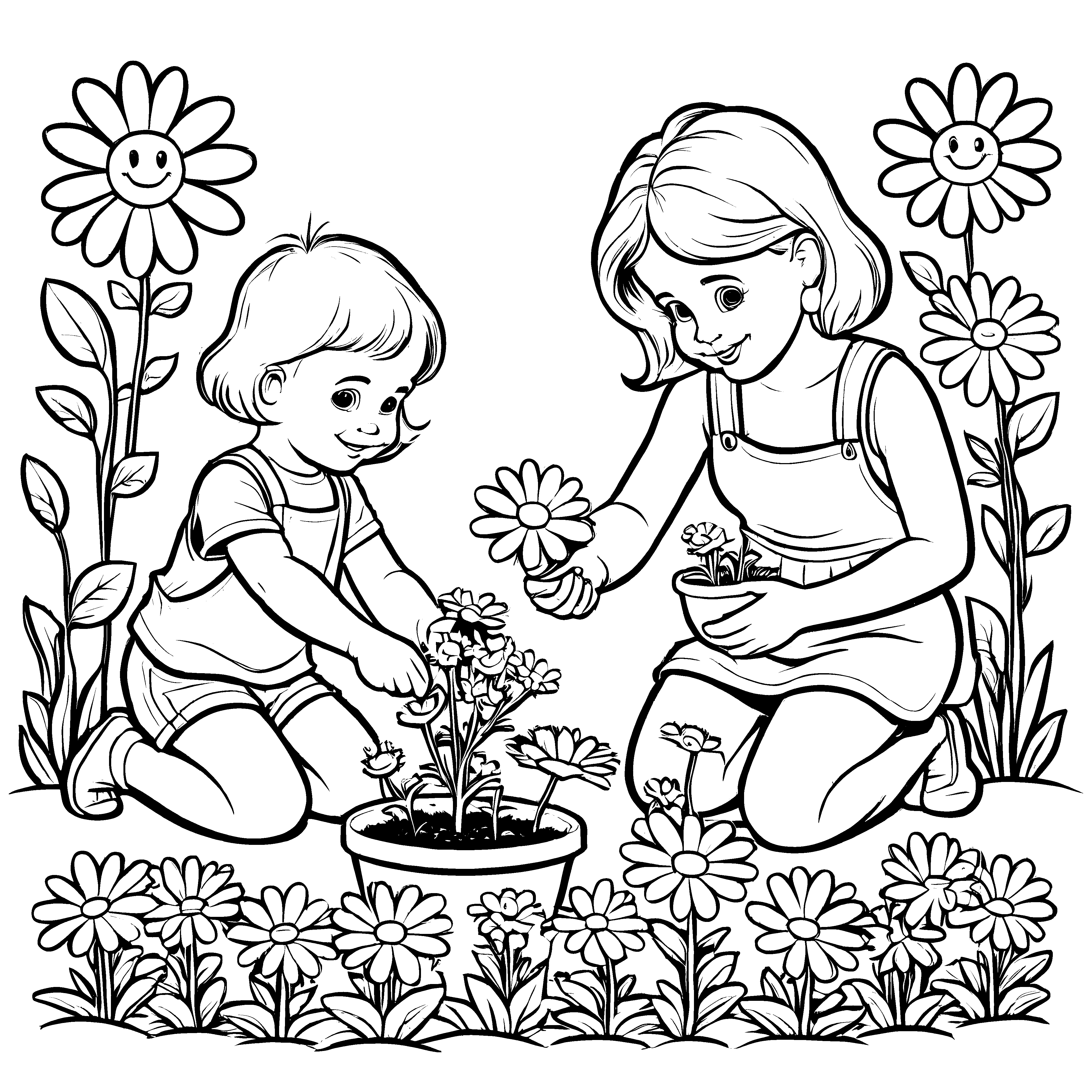 Zwei fröhliche Mädchen beim Pflanzen bunter Blumen Malvorlage für neugierige Naturentdecker