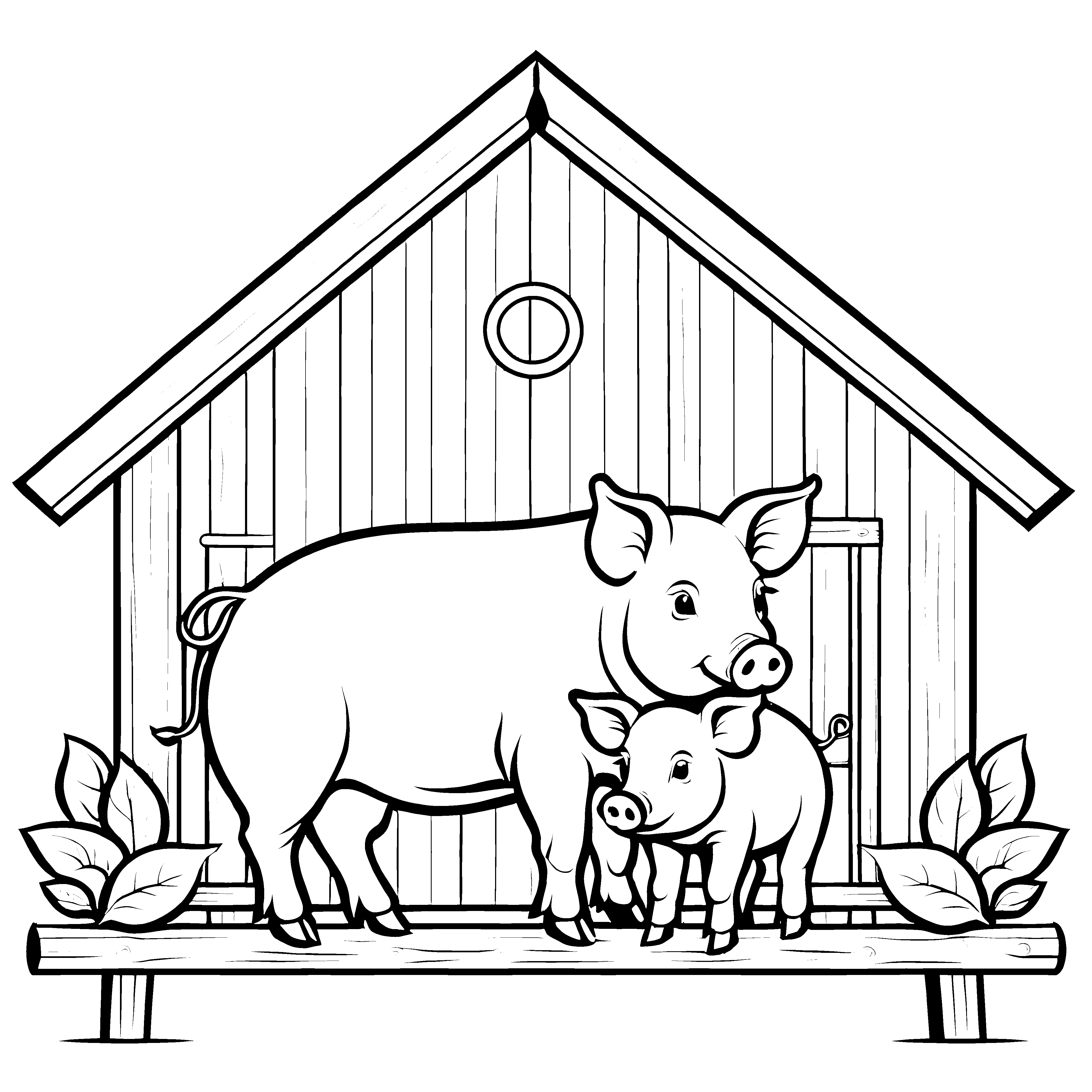 Charmante Hängebauchschweine unter einem Dach Malvorlage für kleine Abenteuerlustige