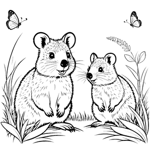 Niedliche Quokka Babys im grünen Feld Ausmalvorlage für kleine Abenteurer