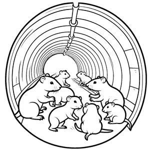 Sechs fröhliche Nacktmull Babys im abenteuerlichen Tunnel Ausmalvorlage für kleine Entdeckerherzen