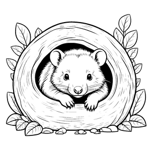 Niedlicher Baby-Wombat neugierig im Baumstamm Ausmalbild für kleine Naturforscher