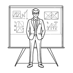 Faszinierender Mathematiker vor der Tafel mit Formeln Ausmalbild für neugierige Zahlenkünstler