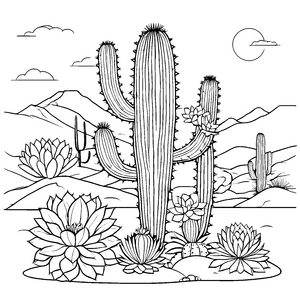 Faszinierende Cactusszene mit strahlend vollem Mond Malvorlage für kleine Wüstenabenteurer