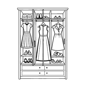 Futuristischer Kleiderschrank mit modernen Kleidungsstücken und Schuhen Ausmalmotiv für kreative Fashion-Träumer