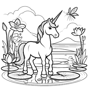 Elegantes Einhorn zwischen schimmernden Seerosen Ausmalbild für kleine Wasserzauberer