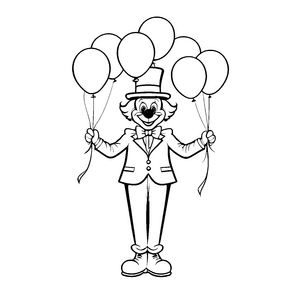 Bezaubernder Zirkusclown mit drei bunten Ballons Ausmalbild für kleine Farbkünstler
