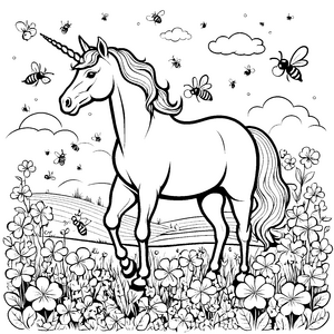 Strahlendes Einhorn umgeben von summenden Bienen Ausmalbild für fantasievolle Naturentdecker