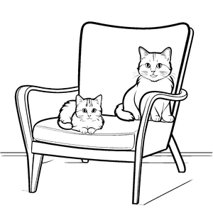 Kuschelige Katzenfreunde auf bequemer Sitzgelegenheit Ausmalbild für pfotenverliebte Kreative und kleine Träumer