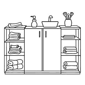 Praktischer Badezimmerschrank mit bunten Handtüchern Ausmalbild für flinke Farbkünstler auf Entdeckungstour