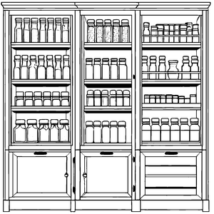 Zauberhafter Apothekerschrank mit bunten Flaschen Malvorlage für kleine Kreative und Entdeckergeist