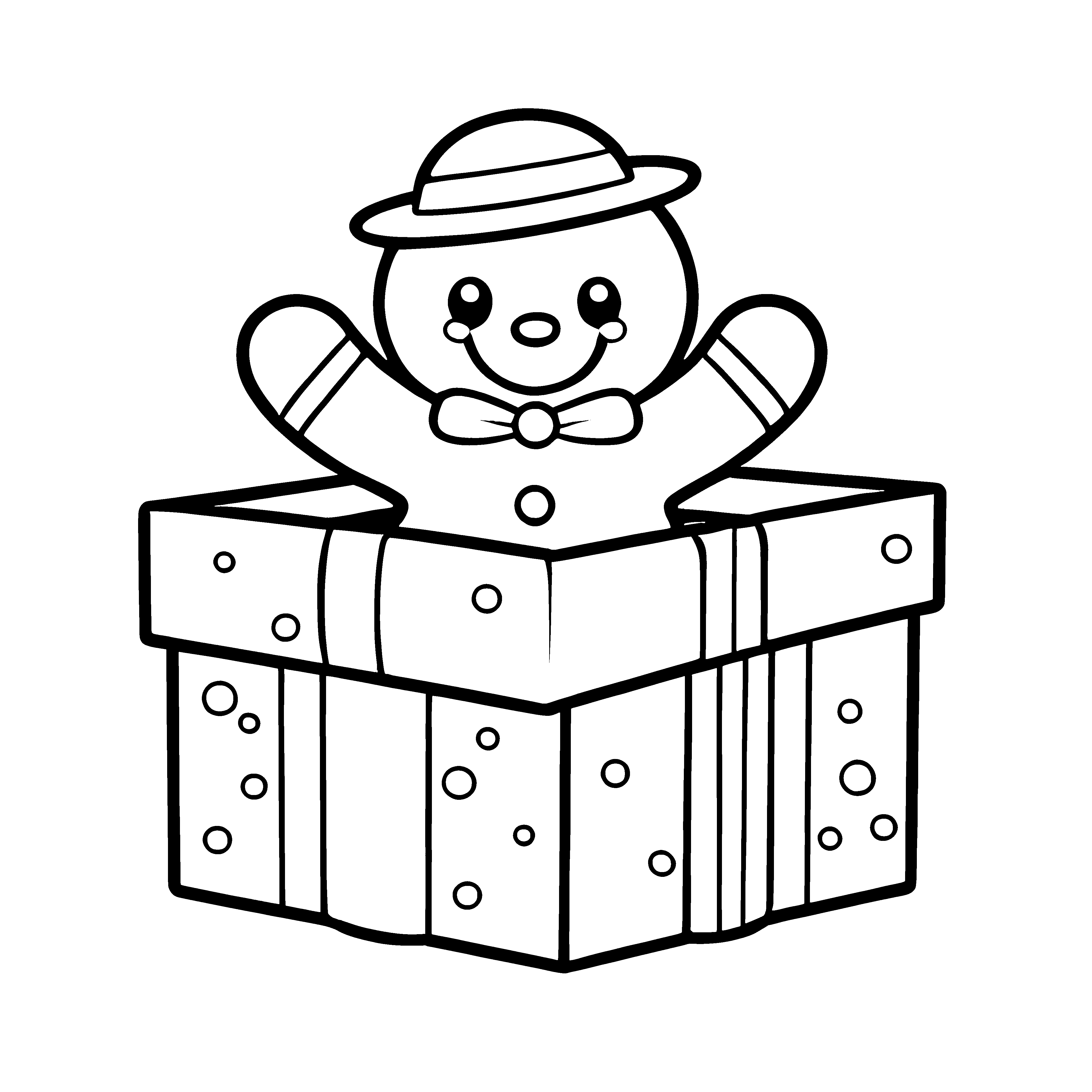 Fröhlicher Lebkuchenmann in bunter Geschenkbox Ausmalbild für neugierige Weihnachtsentdecker
