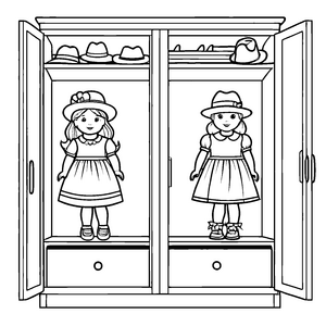 Zwei fröhliche Mädchen im bunten Kleiderschrank Ausmalmotiv für fantasievolle Stilentdecker