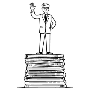 Politikerkarikatur auf Bücherstapel Ausmalvorlage für junge Denker