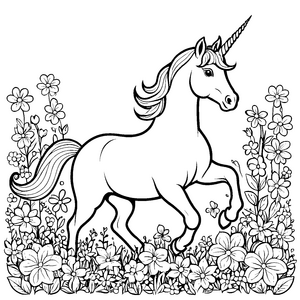 Bezauberndes Einhorn beim Durchqueren einer blühenden Wiese Ausmalmotiv für kleine Farbträume und fantasievolle Abenteuerlustige