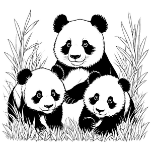Drei fröhliche Pandabären im hohen Gras Ausmalmotiv für kleine Naturforscher und fantasievolle Künstler