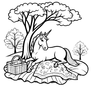 Bezauberndes Einhorn mit Obstkorb unter schattigem Baum Ausmalbild für träumerische Naturfreunde