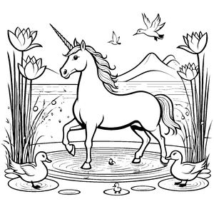 Strahlendes Einhorn im schimmernden Teich mit Vögeln Ausmalmotiv für neugierige Träumer und kleine Fantasten