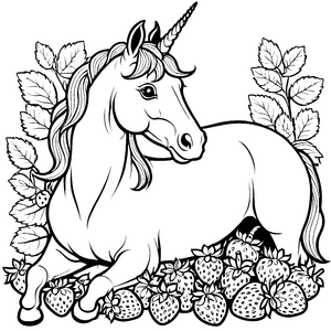 Schlafendes Einhorn umgeben von fruchtigen Erdbeeren Ausmalvorlage für neugierige Magieforscher