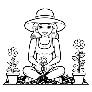 Entspannende Blumenfreundin mit zarten Pflanzensamen Ausmalmotiv für fröhliche Naturentdecker
