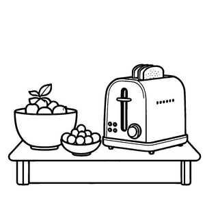 Fröhlicher Toaster mit buntem Obstteller Ausmalvorlage für kleine Küchengurus