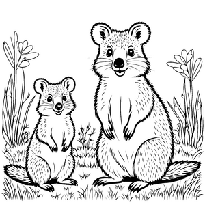 Bezaubernde Quokkas im Gras vereint Malvorlage für kleine Entdecker