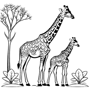 Familie Giraffe mit ihrem fröhlichen Junge Ausmalvorlage für kleine Abenteuerlustige